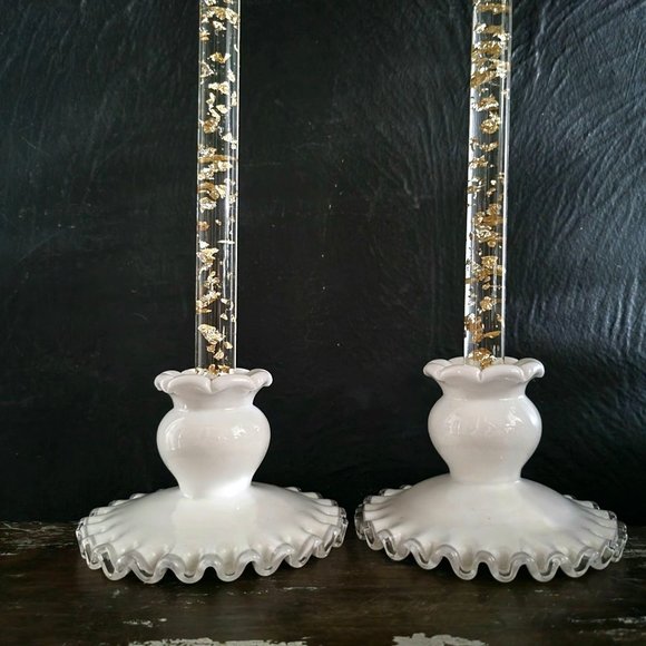 Pair of Fenton Ruffled Edge Silvercrest Candle Holders, Milk Glass Candle Holder - Picture 1 of 5